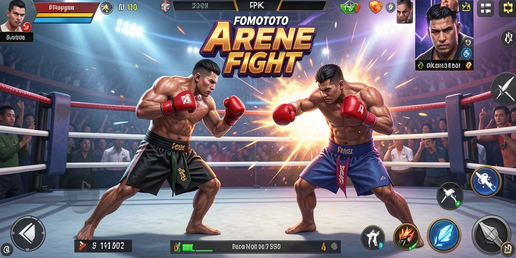 Gameplay adiktif FOMOTOTO di arena pertarungan.