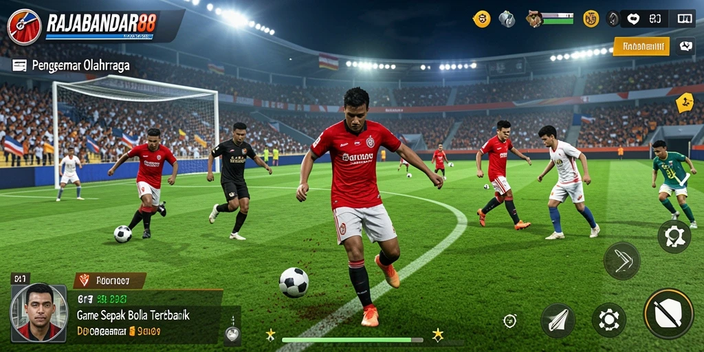 Tampilan gameplay RAJABANDAR88 dengan aksi seru di lapangan sepak bola.