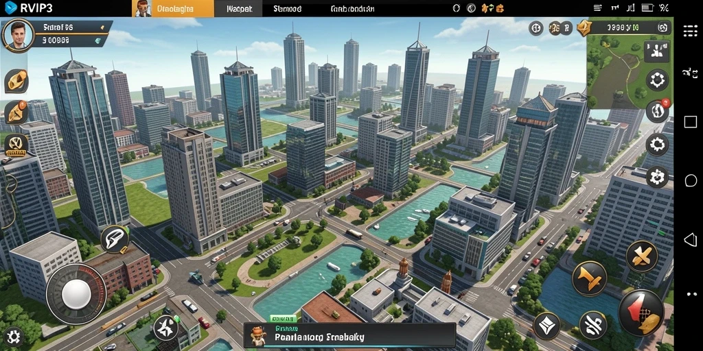 Screenshot gameplay RVIP3 dengan pembangunan kota yang menarik.