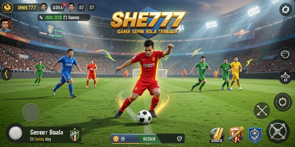 Tampilan gameplay seru dari SHE777 yang menunjukkan aksi sepak bola.
